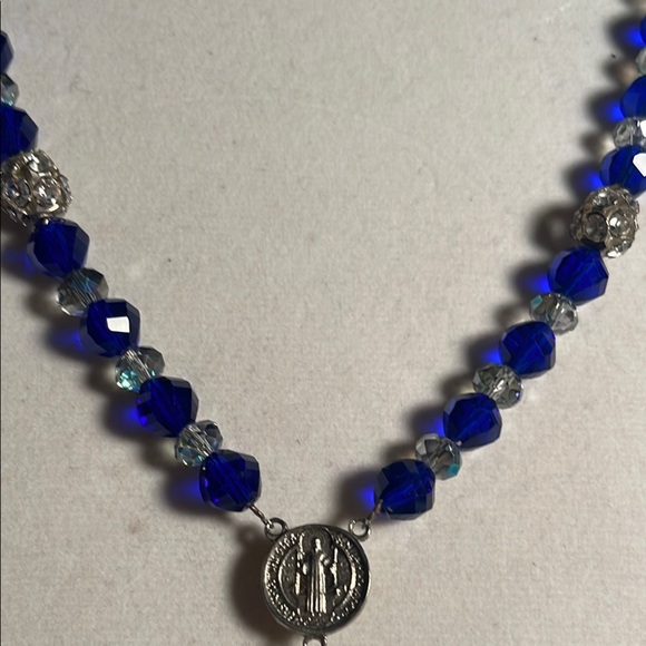 Blue and Silver Rosary Necklace with Cross Pendant - Picture 4 of 5